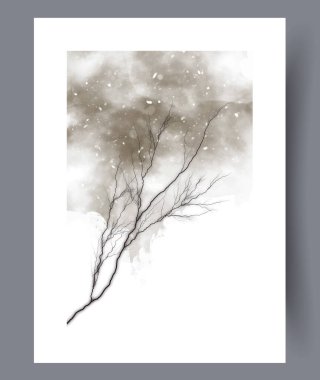 Uçan kuşların olduğu kış dalları karanlık gökyüzüne karşı, yüksek kontrastlı siluetler ve dağınık yapraklar oluşturur