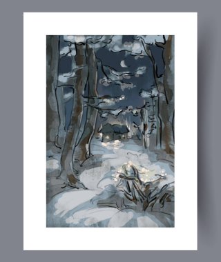 Gölgeli mehtaplı karlı orman yolu, yalnız korucu devriyesi ya da akşam yürüyüşü sahnesi, eğri büğrü ağaçlar ve don.