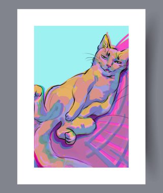 Renkli neon kediler canlı bir battaniyeye uzanmış cesur palet ve oyuncu pozlar, stilize fırça sesleri ve doygun tonlar yaratıyor.