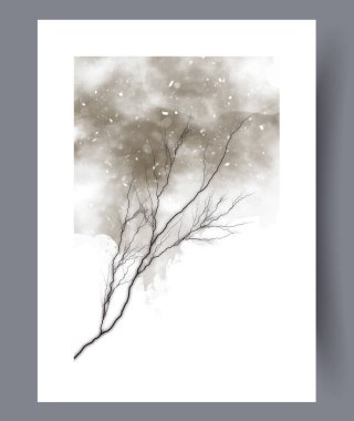 Çıplak dal, sepia mürekkepli, yumuşak yıkamalı ve negatif alanlı kış rüzgarı tarafından süpürüldü. Narin dal çalışmaları sessiz bir esnekliği çağrıştırıyor.