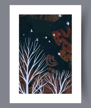 Beyaz ağaç siluetleri uçan kuşlar ve katmanlı soyut desenler ile koyu dokulu gökyüzüne karşı çarpıcı grafik kompozisyonu