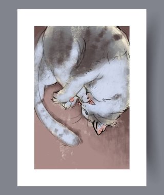 yumuşak yamalı kedi sıcak kahverengi minder üzerinde kıvrılmış pençeler ve yumuşak hilal poz, sessiz palet ve ince bıyık