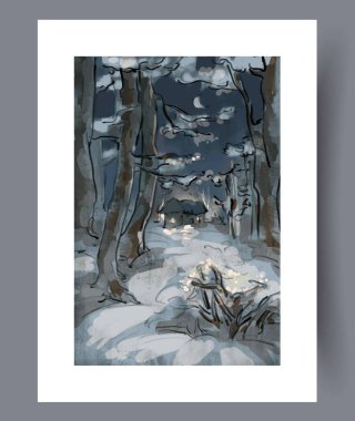 Ayın aydınlattığı karlı orman yolu istiflenmiş kütükler ve gölgeli sandıklar, çamların arasında dolanan dar patikalar, kasvetli serin paletler.