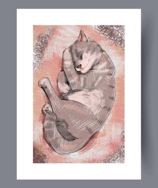 Kıvrımlı gri tekir kedi, kıpkırmızı arka planda huzur içinde uyuyor, eskiz tarzı çizgiler ve yumuşak gölgelendirmeler, sıkıştırılmış pençeler.