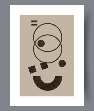 Dairesel halkalar küçük kare aksanlı ve merkezi göz benzeri biçimli desenli bej üzerinde kesişir, grafik minimalizmi oyuncu ile buluşur