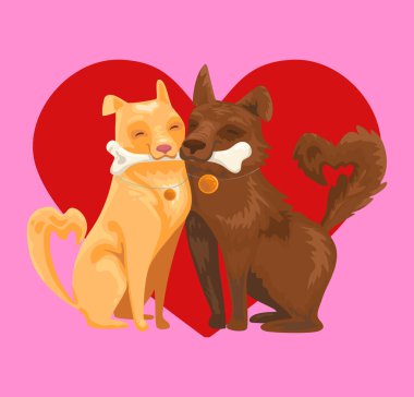 Pembe Arkaplanda Kucaklaşan Kalbe Kucaklaşan İki Karikatür Köpeği, Sevecen Yavru Köpeğin Kuyruğu Kalbe Yakın Burnunu Sürterek