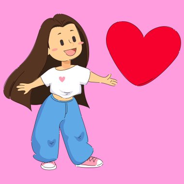 Kot pantolonlu, gülümseyen, uzun saçlı, beyaz tişörtlü ve pembe pantolonlu bir kız.