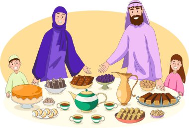 Arap ailesi iftar yemeklerini paylaşıyor, anne tesettürlü, baba da buğday tabağı ve çorba hazırlıyor.,