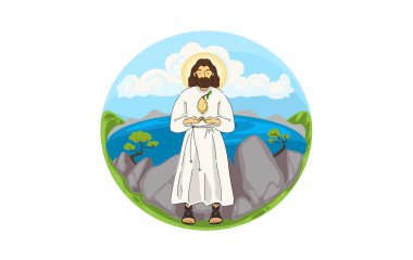 Beyaz cüppeli sakallı adam Rocky Hill 'de duruyor, Halojen figürü otlayan kuzuları izliyor ve yuvarlanan yeşil