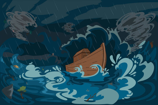 Small Wooden Boat Battling Towering Waves, Dark Storm Clouds And Heavy Rain, Churning Sea Throwing Foam