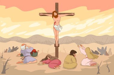 Çarmıha gerilen çarmıhtaki çarmıha gerilen adam, gün batımında çölde diz çöken kederli hacılar, Arid Hills ve Mesafe