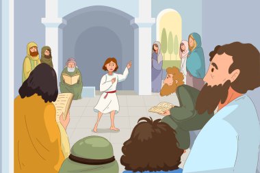 Genç Çocuk Tapınağın İçindeki Yaşlılara Konuşuyor, İlgili Katiplere Konuşan Çocuğun Animasyon Görüntüsü