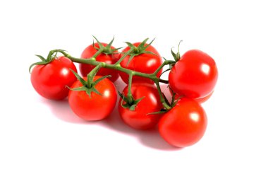 Kırmızı olgun domatesler, beyazın üzerinde izole edilmiş.