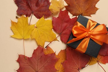 Bej bir arka planda hediye kutusu ve düşmüş yapraklar için tasarım alanı.