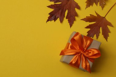 Bal kabakları, meşe palamutları ve düşmüş yapraklar sarı bir zemin üzerinde tasarım alanı ile.