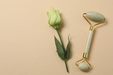 Yüz masajı aleti. Bej bir arka planda kuvars yeşim silindiri.