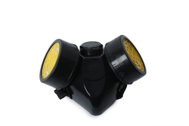 beyaz zemin üzerine siyah gaz maskesi.