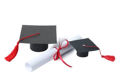 Graduation concept. Flat lay square academic cap with diploma and book on white background.