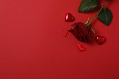 Kırmızı gül, hediye kutusu ve arka plandaki kalpler.