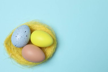 Renkli Paskalya yumurtaları ve bahar çiçekleri. metin için alanı olan mavi bir arkaplan üzerinde