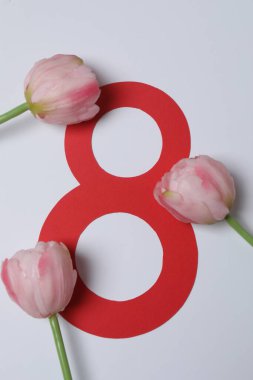 Kağıt figür 8, güzel laleler ve beyaz arka planda hediye kutusu. Uluslararası Kadınlar Günü