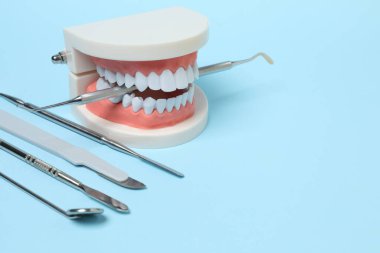 Mavi arkaplan üzerinde temizlik ve inceleme araçları ile diş modeli, PNG