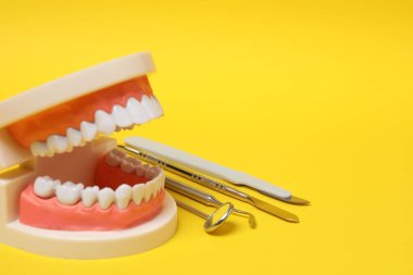 Sarı arkaplan üzerinde temizlik ve inceleme araçları ile diş modeli, PNG