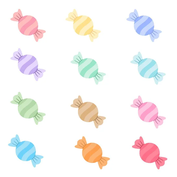 Çeşitli renkler ve çizgilerle sarılmış 12 şeker koleksiyonu. Parti dekorasyonları, tebrik kartları, desenler ve tatlı yemek tasarımları için mükemmel.