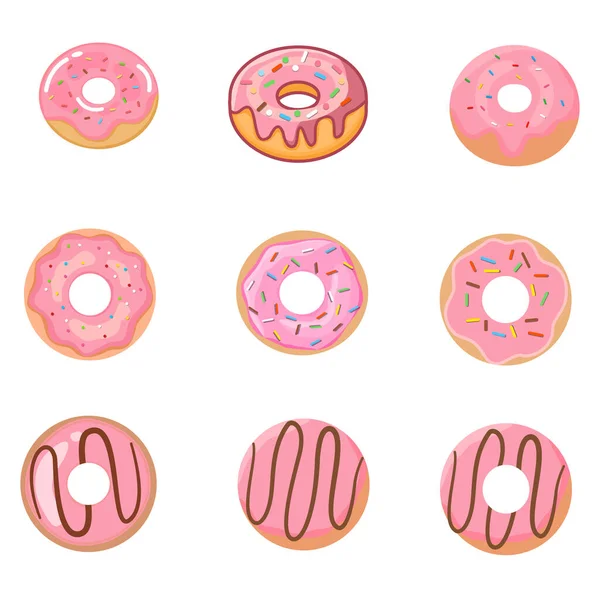 Renkli ve çikolata soslu 9 tatlı pembe çörekten oluşan bir koleksiyon. Fırın menüleri, doğum günü kartları, desenler ve yemek temalı tasarımlar için mükemmel. Yüksek kaliteli vektör grafikleri