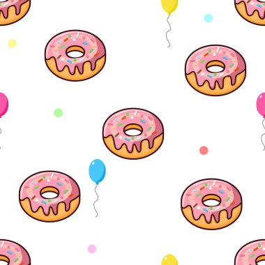 Pembe jöleli çörekler ve beyaz üzerine renkli balonlar serpiştirilmiş şirin, pürüzsüz vektör deseni. Parti dekorasyonu, pastane paketi, doğum günü hediyesi paketi ve tekstil tasarımı için ideal.