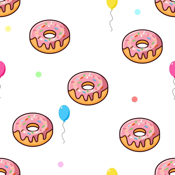 Pembe jöleli çörekler ve beyaz üzerine renkli balonlar serpiştirilmiş şirin, pürüzsüz vektör deseni. Parti dekorasyonu, pastane paketi, doğum günü hediyesi paketi ve tekstil tasarımı için ideal.