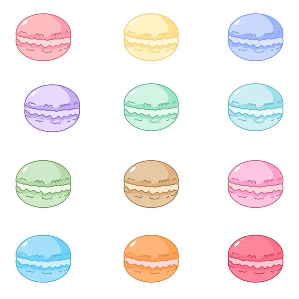 Yumuşak pastel paletlerde renkli bir makaron vektörü seti. Fırın menüleri, kafe markaları, tebrik kartları ve şirin çıkartmalar için mükemmel. Beyaz bir arkaplanda izole edilmiş