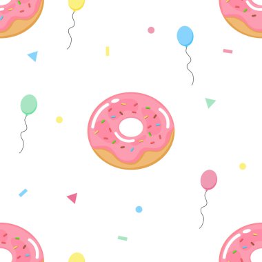 Pembe jöleli çörek, balon ve konfeti içeren renksiz bir desen. Parti süslemeleri, doğum günü hediyeleri, pastane paketleri ve bebek duvar kağıtları için mükemmel. Vektör illüstrasyonu