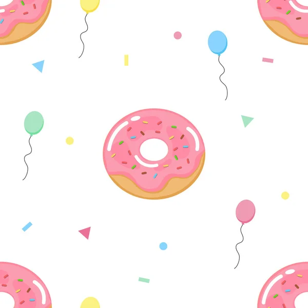 Pembe jöleli çörek, balon ve konfeti içeren renksiz bir desen. Parti süslemeleri, doğum günü hediyeleri, pastane paketleri ve bebek duvar kağıtları için mükemmel. Vektör illüstrasyonu