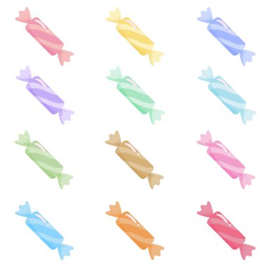 Çeşitli pastel renklerde sarılı sert şekerlerden oluşan canlı bir koleksiyon. Bu tatlı ikramlarda parlak gölgeler ve çizgili detaylar var. Doğum günü kartları, şekerci dükkanları ve şenlikli tasarımlar için mükemmel.