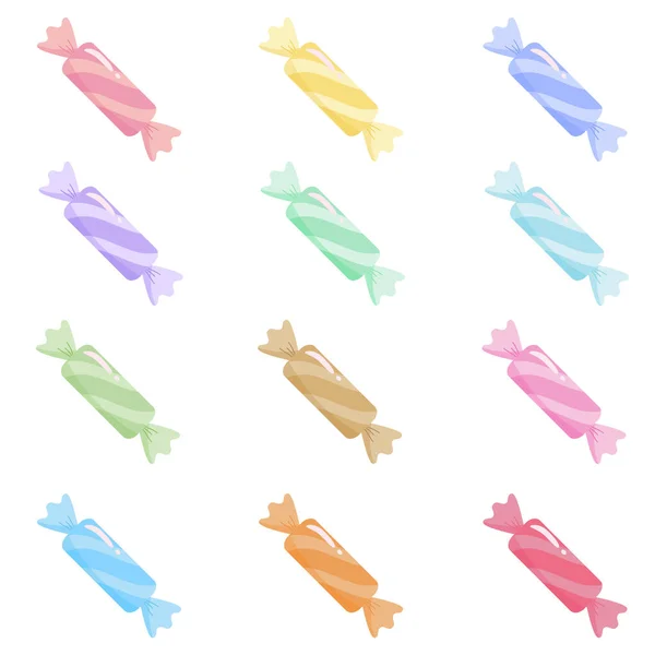 Çeşitli pastel renklerde sarılı sert şekerlerden oluşan canlı bir koleksiyon. Bu tatlı ikramlarda parlak gölgeler ve çizgili detaylar var. Doğum günü kartları, şekerci dükkanları ve şenlikli tasarımlar için mükemmel.