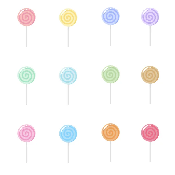 Yumuşak pastel renklerde 12 tatlı girdap lolipopu koleksiyonu. Düz vektör tarzında pembe, mavi, sarı ve naneli şekerler. Doğum günü partisi dekorasyonu, çıkartmaları ve şekerci dükkanı tasarımları için ideal.