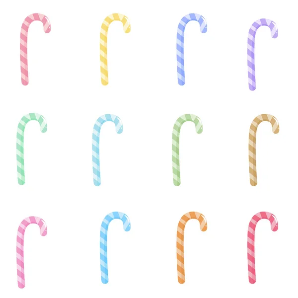 Çizgili 12 renkli pastel şeker kamışı. Noel kartları, tatil şablonları, çıkartmalar ve şekerci dükkanları için ideal. Beyaz arkaplanda düz vektör biçimi