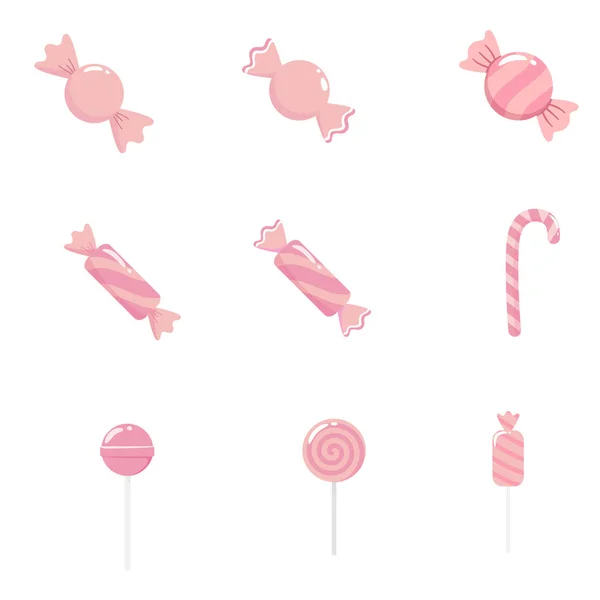 Tatlı pembe şeker, lolipop ve düz vektör tarzında baston şeker koleksiyonu. Şekerci dükkanı için mükemmel, doğum günü partisi davetiyeleri, Sevgililer Günü tasarımları, ve tatlı yemek süslemeleri.