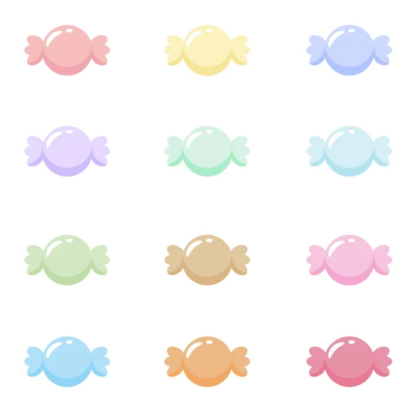 Değişik tonlarda renkli pastel şeker vektörleri koleksiyonu. Minimalist ve şirin tasarım, şeker dükkanı markalaşması, parti davetiyeleri, tebrik kartları ve dijital yapıştırma kitabı projeleri için mükemmel.