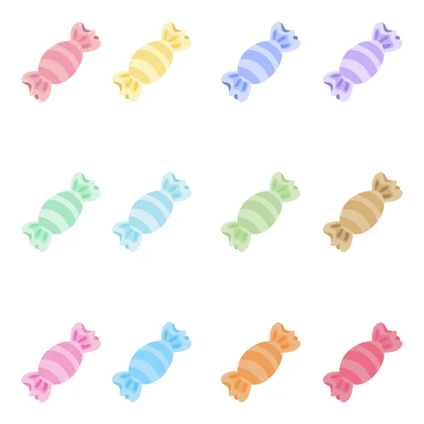 Yumuşak pastel renkli şirin çizgili şekerlerin vektör koleksiyonu. Tekstil desenleri, doğum günü partisi dekorasyonu, şekerleme dükkanı markaları, çıkartmalar ve yaratıcı dijital sanat projeleri için mükemmel.