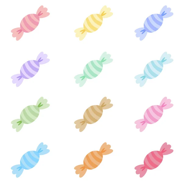 Pastel çizgili şeker vektörlerinden oluşan büyüleyici bir koleksiyon. Çeşitli şekiller ve yumuşak renkler, şekerci dükkanı markalaşması, parti kırtasiyesi, kusursuz desenler ve yaratıcı dijital tasarımlar için ideal.