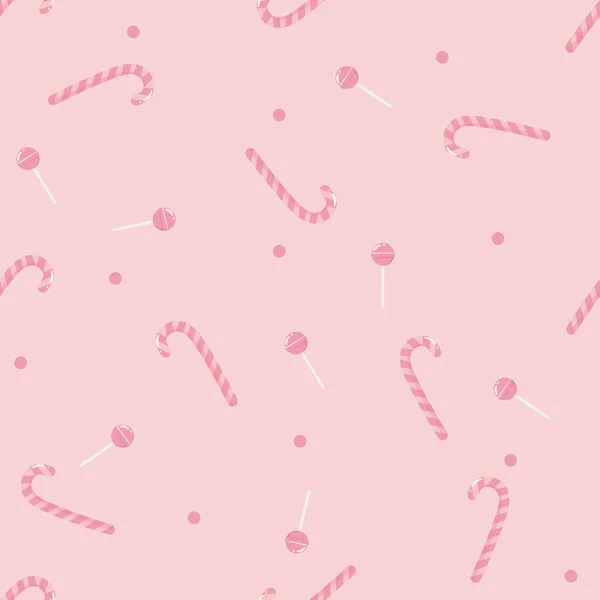 Şirin pembe şeker bastonu ve dikişsiz lolipop deseni. Noel, Sevgililer Günü için yumuşak pastel vektör arka planı, hediye paketi, kumaş baskısı ve çocuk odası duvar kağıdı tasarımı.