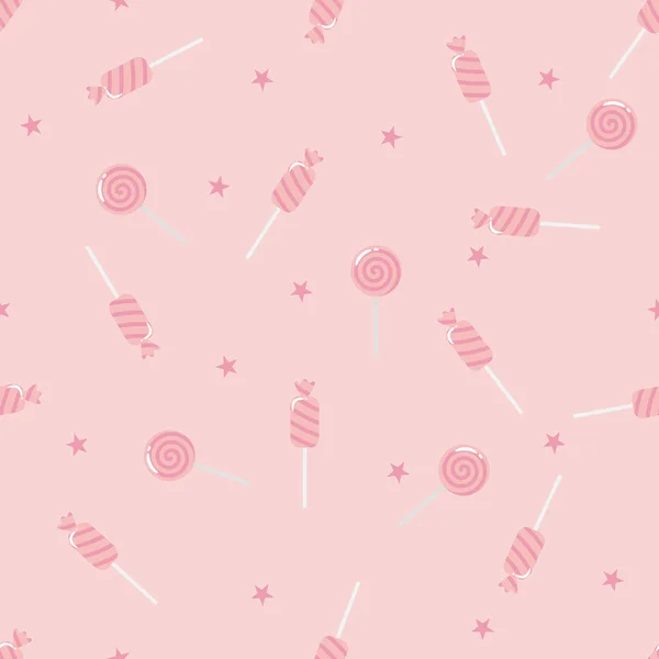 Şirin pembe şeker bastonu ve dikişsiz lolipop deseni. Noel, Sevgililer Günü, hediye paketi, kumaş baskıları ve bebek odası duvar kağıdı tasarımı için yumuşak pastel vektör arka planı