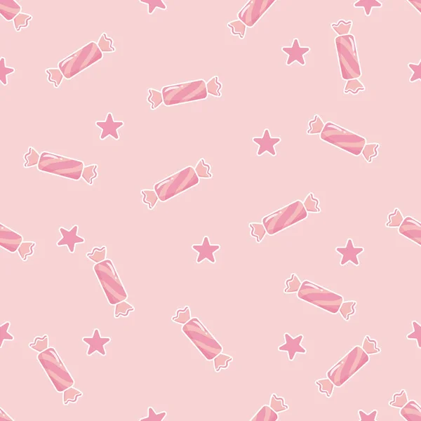 Tatlı pembe şekerler ve kusursuz yıldızlar. Çocuk yuvası, hediye ambalajı ve tekstil tasarımı için tatlı pastel vektör çizimi. Yaratıcı sanatlar için yüksek kalitede kaprisli bir arka plan