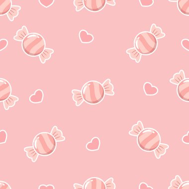Pembe şekerler ve küçük kalpler içeren sevimli, pürüzsüz bir desen. Tatlı ambalajlar, bebek tekstilleri, çocuk odası duvar kağıtları ve romantik tebrik kartı tasarımları için mükemmel.