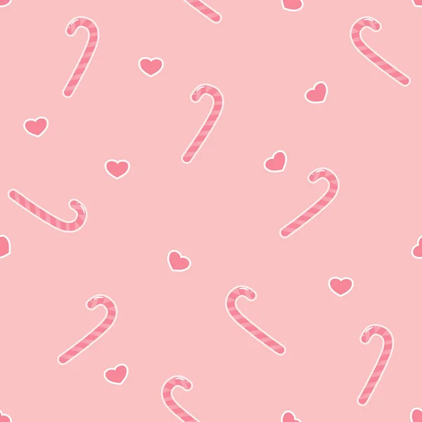 Pembe çizgili baston şekerler ve küçük kalpler içeren kusursuz desenler. Noel tatlıları, sevgililer günü paketleri, şirin kırtasiye malzemeleri ve çocuk kıyafetleri için harika. Yüksek kaliteli tekrarlanabilir vektör