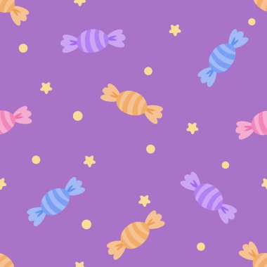 Renkli şekerler, yıldızlar ve parlak mor arkaplandaki noktalardan oluşan pürüzsüz bir desen. Bu pastel vektör tasarımı hediye paketi, kumaş baskısı, duvar kağıdı ve çocuk odası dekorasyonu için idealdir. Tuhaf bir olay için yüksek kalitede yinelenen arkaplan