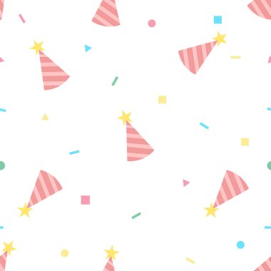 Pembe çizgili parti şapkaları, sarı yıldızlar ve renkli konfeti içeren kusursuz bir vektör deseni. Hediye paketi, duvar kağıdı ve doğum günü süslemeleri için ideal.