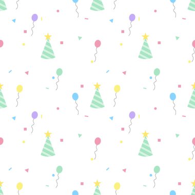 Renkli parti şapkaları, balonlar ve konfetiyle minimalist kusursuz desen. Doğum günü duvar kâğıdı, hediye paketi ve şenlikli kutlamalar için mükemmel.